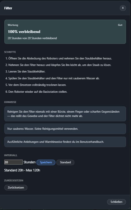 The filter maintenance card in German
