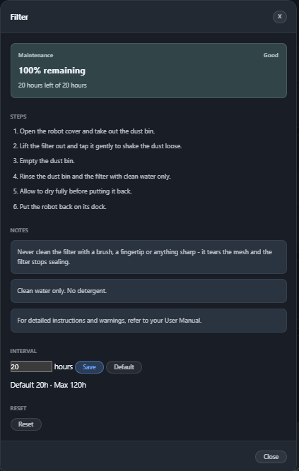 The filter maintenance card in English