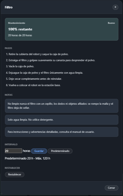 The filter maintenance card in Spanish