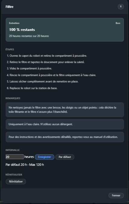The filter maintenance card in French