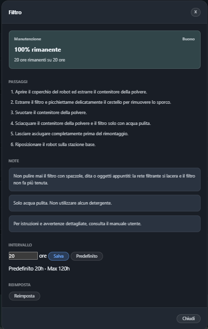 The filter maintenance card in Italian