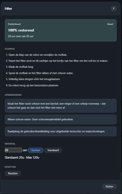 The filter maintenance card in Dutch