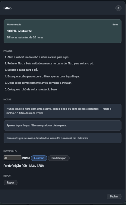 The filter maintenance card in Portuguese