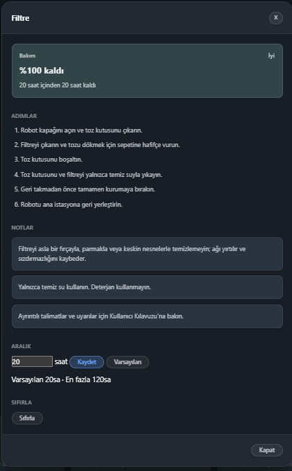 The filter maintenance card in Turkish