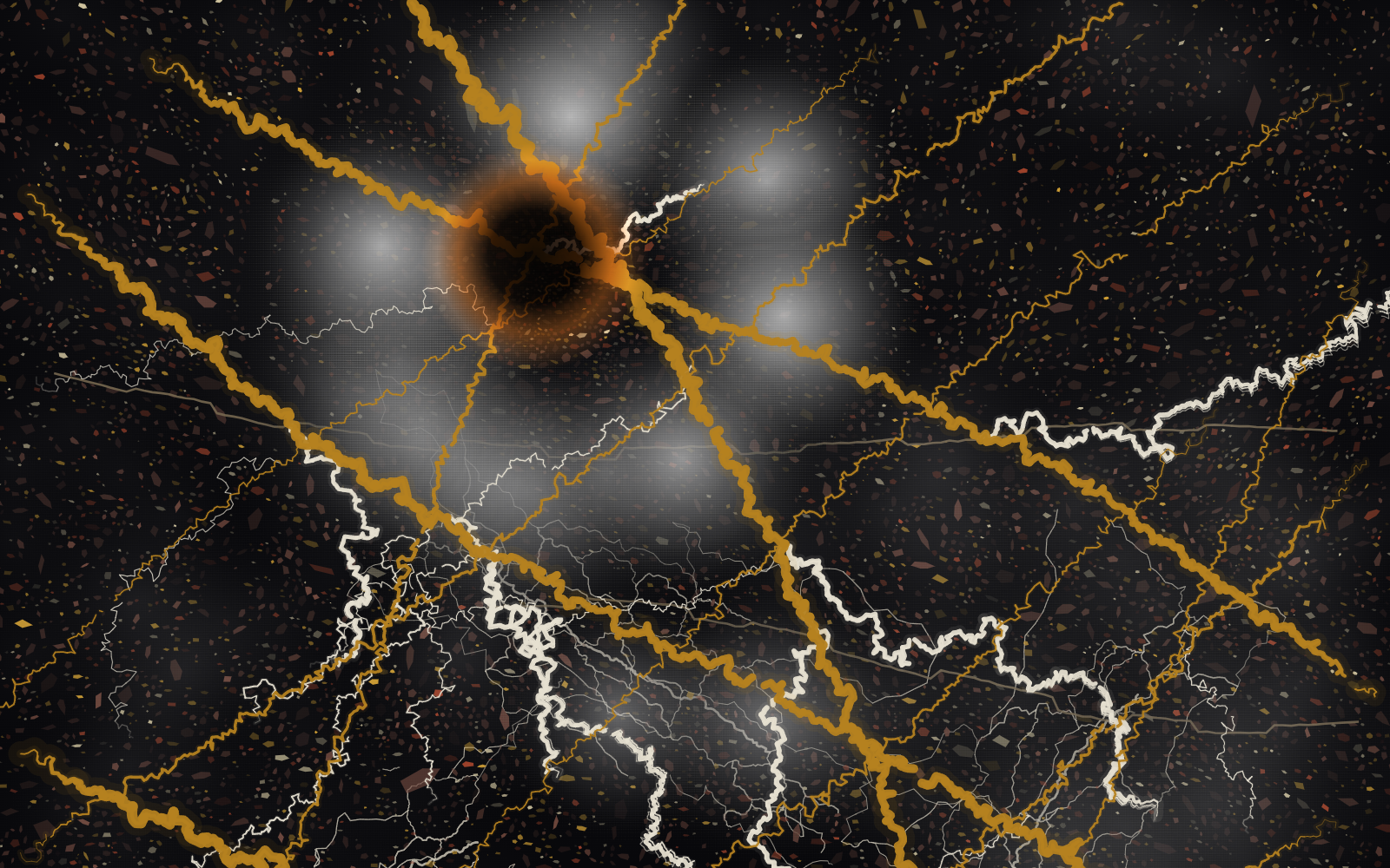 A warped gold-and-white fracture network on near-black granite, scorched at the junction.